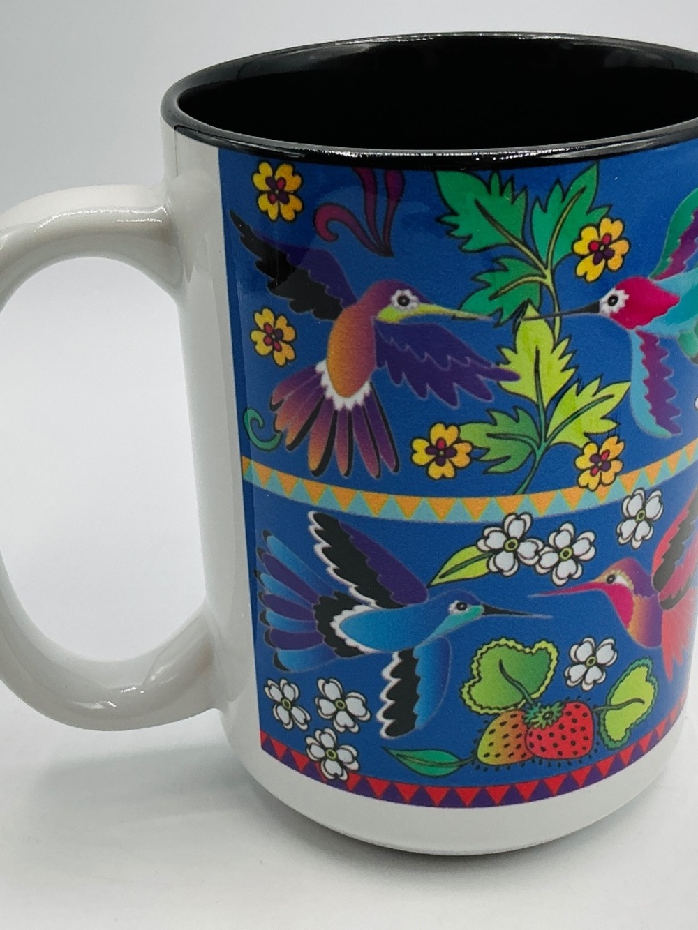 Vintage Mug Hummingbird Floral Coffee Cup 16 oz Colorful Folk Art Tea Bird 4.5”